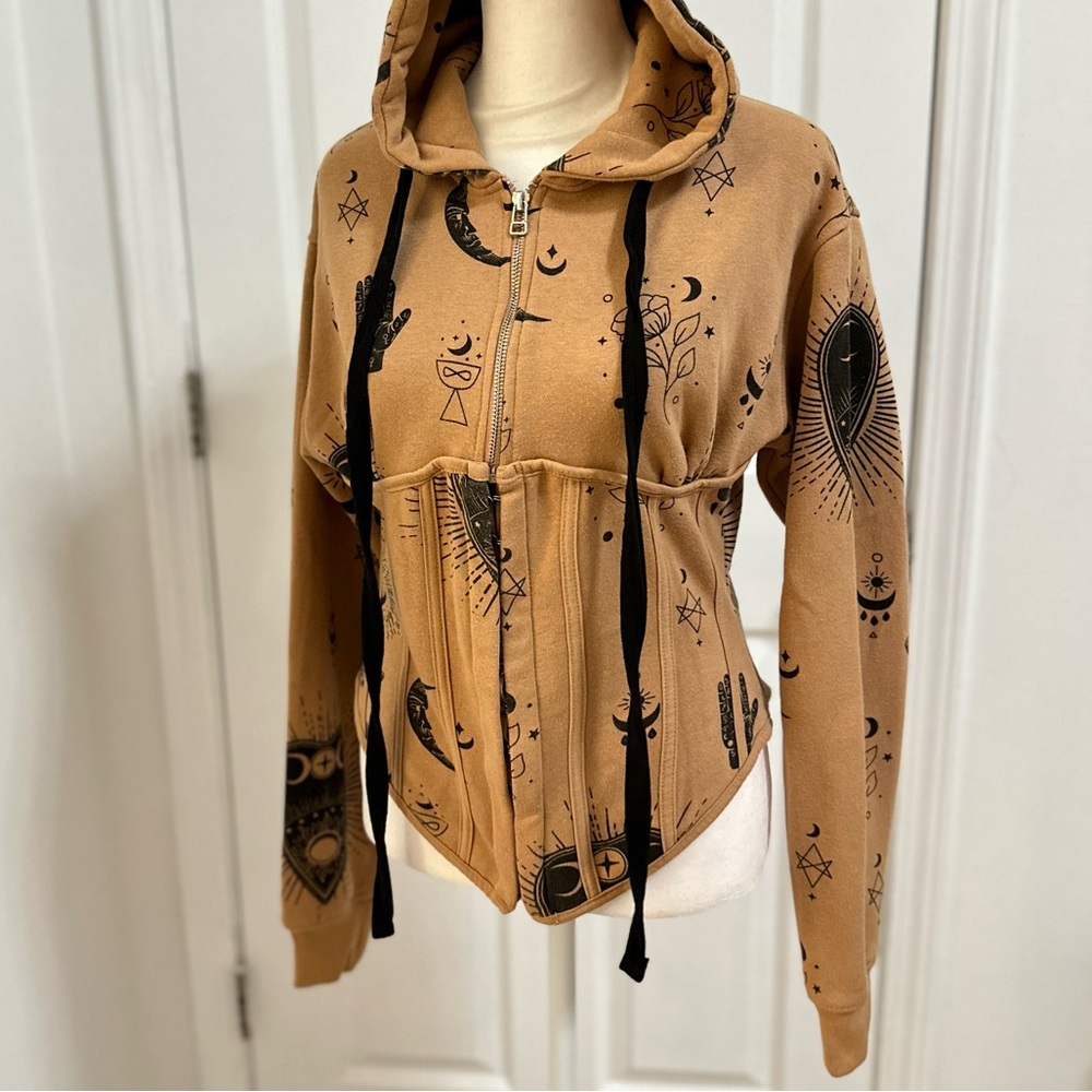 Bewitching Graphic Black & Tan Zip front Corset style  Hoodie women’s Small / 2